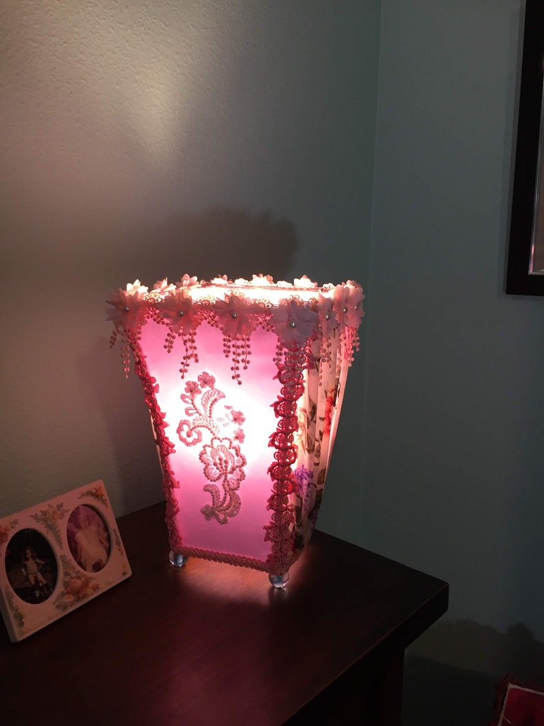 Pink Floral Victorian Style Lamp Vintage Pearl Appliques Hand Dyed Scroll Trim
