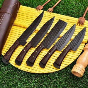 5 Pcs Chief Set Knifes Kitchen Handmade Chef Damascus Steel Custom Knives Forged Knives | Wood Handle | Leather Sheath | Gift for Mother’s