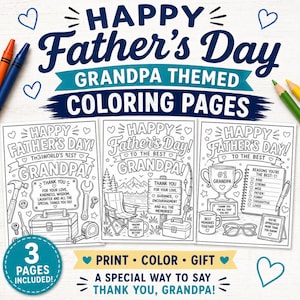 Peut inclure: Trois pages de coloriage en noir et blanc avec le texte "Happy Father's Day Grandpa Themed Coloring Pages". Les pages présentent des outils, du matériel de pêche et un trophée. Le texte "Print, Color, Gift" est également inclus.