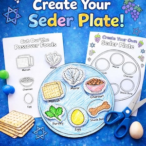 May include: A craft kit for creating a Seder plate, featuring illustrated food cutouts like matzah, maror, and egg. The text "Create Your Seder Plate!" is displayed on a blue background, along with a pair of scissors and an egg.