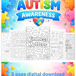 Puede incluir: Imagen de descarga digital con las palabras "AUTISM AWARENESS" y un corazón de rompecabezas. La imagen incluye cinco páginas para colorear con varios diseños y el texto "Kindness Matters".