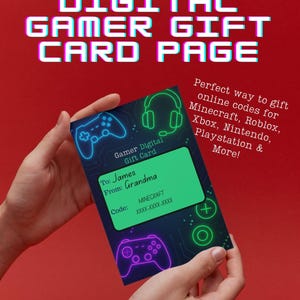 Puede incluir: Página de tarjeta de regalo digital para jugadores con fondo rojo. La tarjeta presenta un rectángulo verde con el texto «Para: James De: Grandma Código: MINECRAFT XXXX-XXXX-XXXX». La tarjeta tiene gráficos de neón de controlador y auriculares.