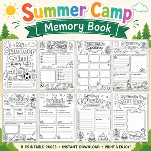 May include: A printable summer camp memory book with eight pages. The cover features the text "Summer Camp Memory Book" with illustrations of a backpack, soccer ball, and water bottle. The pages include spaces for memories, signatures, and favorite activities.