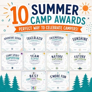 May include: A set of ten summer camp awards with various titles like "Adventure Seeker" and "Trailblazer." The awards are on white paper with colorful accents and illustrations, perfect for celebrating campers.