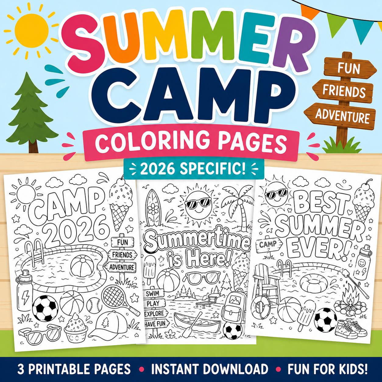 Summer Camp Coloring Pages | 2026 Fun Activities (3 Printable Pages) - Etsy