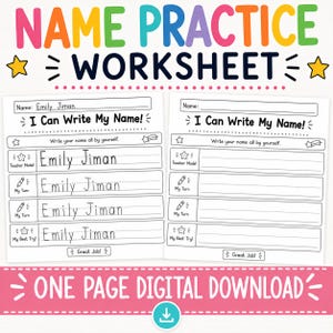 Może przedstawiać: Cyfrowy arkusz ćwiczeń do nauki pisania imienia, składający się z dwóch białych stron z czarnym tekstem. Nagłówek brzmi Name Practice Worksheet. Każda strona zawiera tytuł I Can Write My Name oraz sekcje przeznaczone do ćwiczeń pisania.