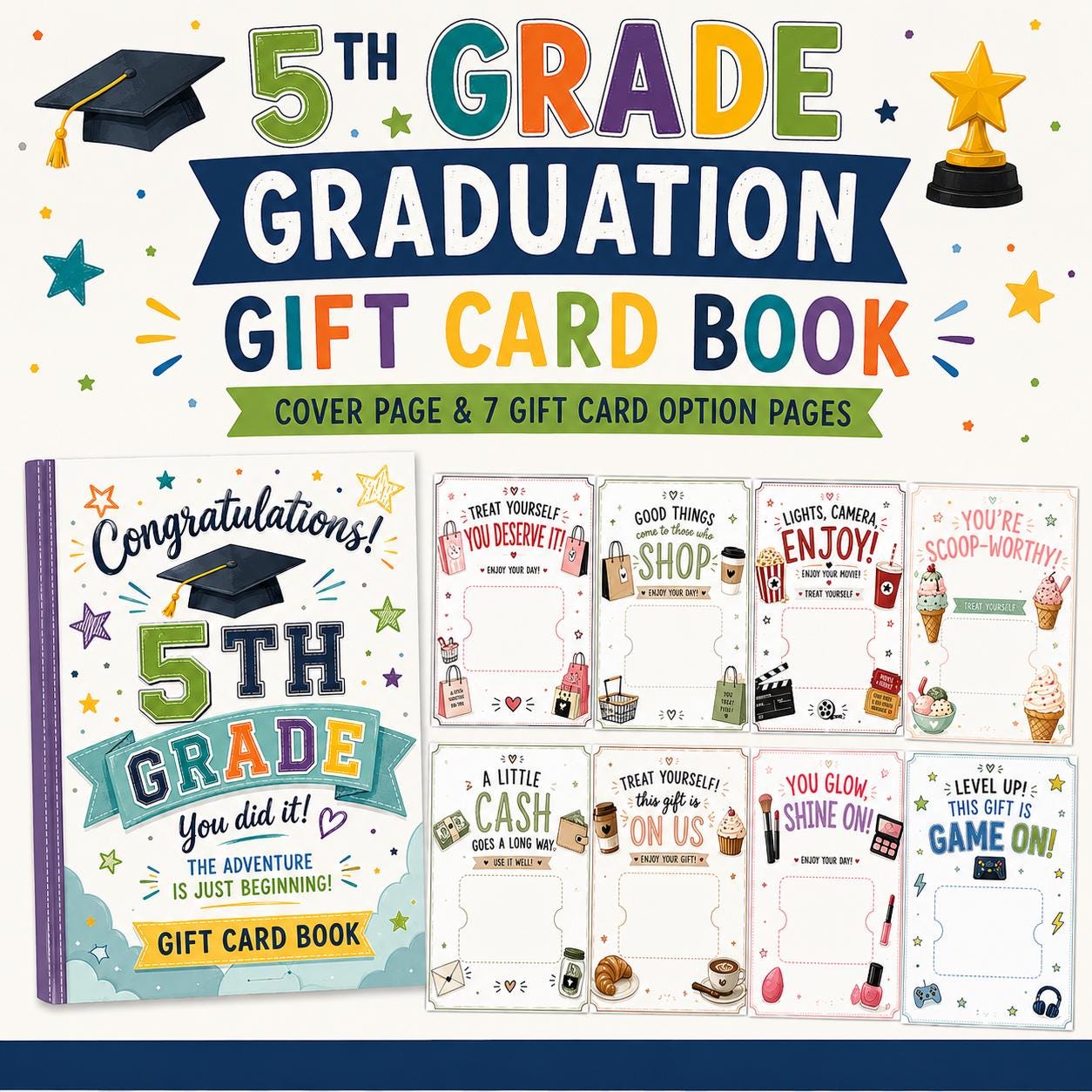 5th Grade Graduation Gift Card Book Cover & 7 Gift Holder Pages