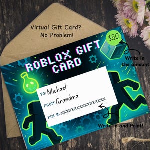 May include: A Roblox gift card with a blue and green design, featuring the text "ROBLOX GIFT CARD". The card includes a space to write the recipient's name, the sender's name, and a PIN. The card is inside a brown envelope.