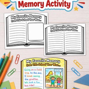 Peut inclure: Activité de mémoire scolaire imprimable avec le texte "Favorite School Year Memory Activity". L'image montre des modèles de livres ouverts pour écrire des souvenirs, avec un exemple coloré d'une sortie au zoo. Comprend des crayons, des trombones et des livres.