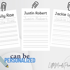 Puede incluir: Tres hojas de trabajo imprimibles blancas con los nombres Emily Rae, Justin Robert y Jackie Lynn, cada una con líneas de práctica de escritura a mano. La frase "can be PERSONALIZED" se muestra con un gráfico de lápiz. El logotipo "Little Minds Printable" también es visible.