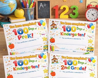 100 Days of School Certificate l 5x7 Certificates- Pre-k through 2nd grade included