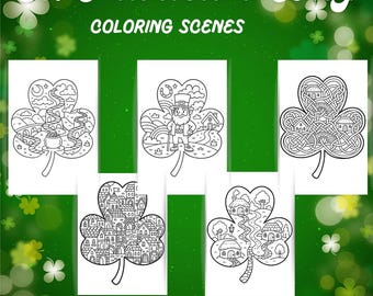 St. Patrick's Day Coloring Pages | Shamrock Scenes (Digital Download)