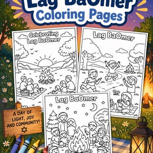 以下が含まれることがあります： ラグビーオマーの塗り絵3ページセット。ページには、キャンプファイヤー、ピクニック、子供たちが遊んでいる様子が描かれています。表紙には「Lag BaOmer Coloring Pages」と「A Day of Light, Joy, and Community!」の文字と、クレヨンのセットが描かれています。