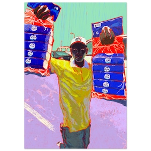 Peut inclure: Une représentation artistique d'une personne en chemise jaune et casquette blanche, portant des piles d'emballages bleus et rouges. Les emballages portent le mot "style". L'arrière-plan présente un ciel bleu clair et un sol violet.