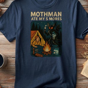 Mothman Ate My Smores T Shirt Funny Camping T Shirt Cartoon Mothman Tee Cryptid Hunter Shirt Campfire Graphic Tee Outdoor Adventure Gift