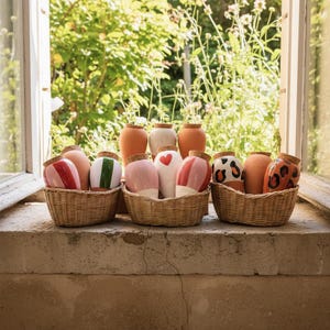 Può includere: Tre cesti in vimini intrecciato contenenti piccoli contenitori in terracotta arrotondati con tappi di sughero. I contenitori presentano vari disegni dipinti, tra cui colori a tinta unita, un cuore rosso, strisce rosa e rosse e macchie.