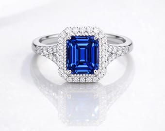 Emerald Cut Royal Blue Sapphire Ring | Sterling Silver Halo Engagement