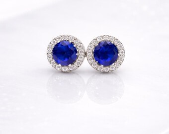 Tanzanite Halo Stud Earrings | 7MM, Sterling Silver