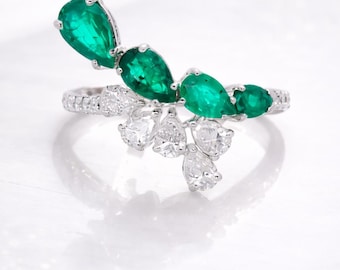 Pear Cut Lab Emerald Engagement Ring | CZ Diamond Accent, Sterling Silver