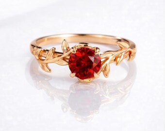 Handmade Garnet Engagement Ring | Sterling Silver Leaf Band