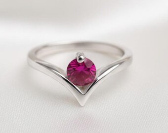Dainty Lab Ruby Ring 6mm Round | Minimal Red Gemstone Ring | July Birthstone Jewelry