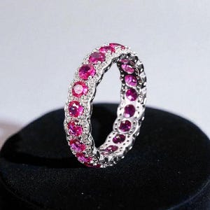 Ruby Eternity Band | Lab Ruby Stacking Ring | Dainty Sterling Silver Band for Women