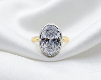Hailey Bieber Inspired Moissanite Statement Ring, Oval Solitaire Two Tone Gold Ring, Bold Modern Engagement Jewelry