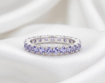 Natural Tanzanite Eternity Band, Dainty Round Cut Blue Purple Gemstone Ring, Minimalist Wedding Band, Elegant Gift for Her
