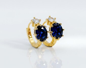 Dainty Blue Sapphire Hoop Earrings | Lab Created Oval Gemstone, Sterling Silver Royal Blue Jewelry