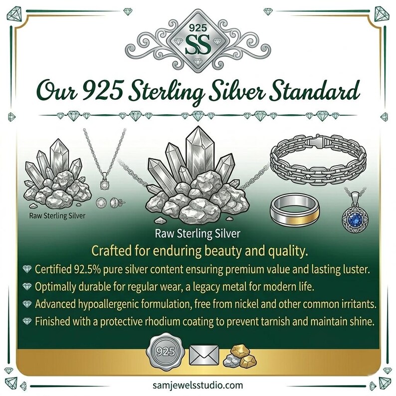 May include: An informational graphic titled Our 925 Sterling Silver Standard featuring illustrations of raw silver crystals, a chain bracelet, a plain band ring, and a blue gemstone pendant. Text details 92.5% silver content, durability, hypoallergenic properties, and a rhodium finish.