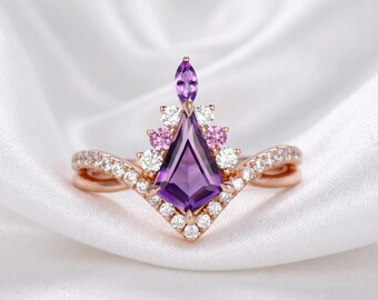 Natural Amethyst Kite Cut Statement Ring, Vintage Inspired Purple Gemstone Ring, Unique Sterling Silver Jewelry for Her
