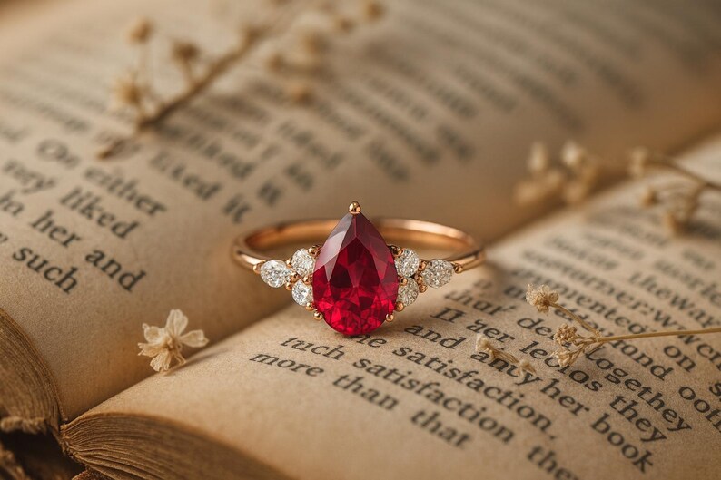 May include: A gold ring featuring a central pear-shaped red gemstone flanked by three small round white stones on each side. The ring is positioned on the open pages of a vintage book with visible printed text and small dried floral sprigs.
