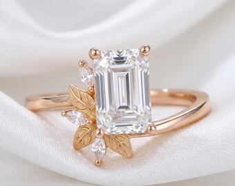 Emerald Cut Moissanite Leaf Ring, Floral Statement Engagement Ring, Botanical Inspired Clear Moissanite Jewelry, Gift for Her
