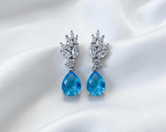Lab Created Blue Topaz Dangle Earrings, Pear Cut Gemstone Marquise CZ Cluster, Elegant Bridal Jewelry, Statement Gift for Her