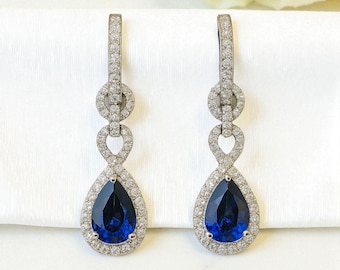 Pear Cut Blue Sapphire Drop Earrings | Sterling Silver Dangle Jewelry