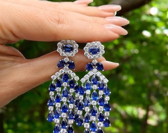 Blue Sapphire Dangle Earrings, Sterling Silver or Solid Gold