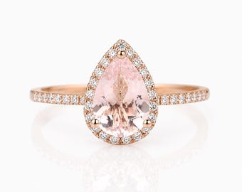 Pear Morganite Halo Engagement Ring | Lab Created Sterling Silver Bridal Jewelry
