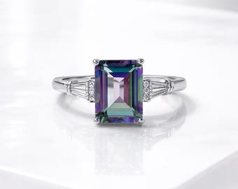 Emerald Cut Mystic Topaz Engagement Ring | Octagon Rainbow Gemstone Ring | Sterling Silver Handmade Gift for Her I Rainbow Gemstone Sparkle