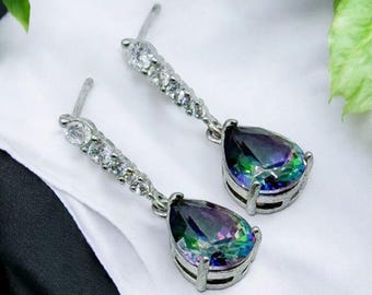Mystic Topaz Dangle Earrings | Pear Cut Sterling Silver Rainbow Gemstone