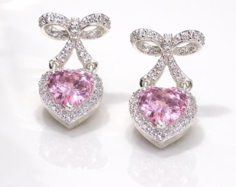 Pink Heart Bow Earrings | Sterling Silver CZ Bridal Studs