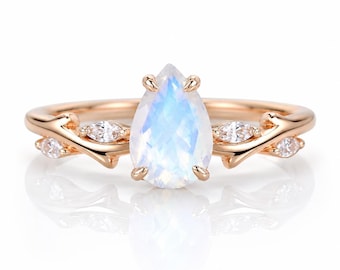 Pear Rainbow Moonstone Engagement Ring | Vintage Sterling Silver Bridal Jewelry
