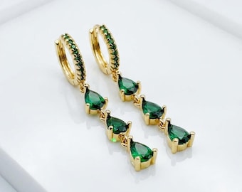 Pear Cut Emerald Dangle Earrings | Lab-Created Gemstone Bridal Jewelry