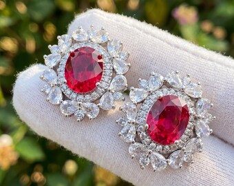 Lab Created Ruby Oval Halo Stud Earrings, Sterling Silver Floral Cluster Jewelry