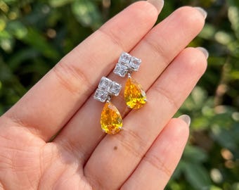 Lab Created Citrine Wedding Earrings, Pear Cut Sparkling Gemstone Drop Earrings, Elegant Bridal Jewelry, Statement Gift for Her