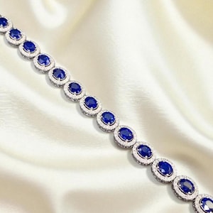Blue Sapphire Halo Tennis Bracelet | Lab Sapphire Oval Bracelet | Sterling Silver Elegant Tennis Bracelet