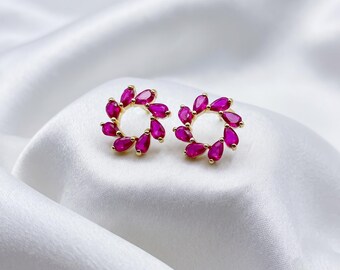 Lab Created Ruby Stud Earrings, Pear Cut Red Gemstone Open Circle Earrings, Minimalist Floral Inspired Jewelry, Gift for Her