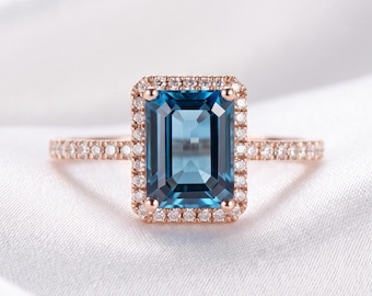 Natural Emerald Cut London Blue Topaz Ring | Sterling Silver Octagon Gemstone Engagement Ring