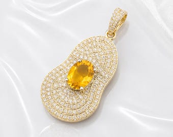Natural Citrine Halo Pendant Necklace | 925 Sterling Silver | Handmade Gift for Her | November Birthstone Jewelry | Yellow Gemstone