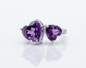 Amethyst Double Heart Ring | Sterling Silver Romantic Two Stone Ring