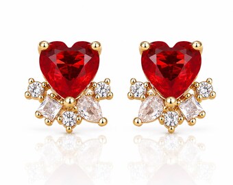 Heart Cut Ruby Stud Earrings | Sterling Silver Romantic Gemstone Studs